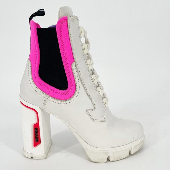 Prada White Leather Hot Pink Neoprene Lace Up Chelsea Combat Ankle Boot IT 37.5 - Picture 3 of 16